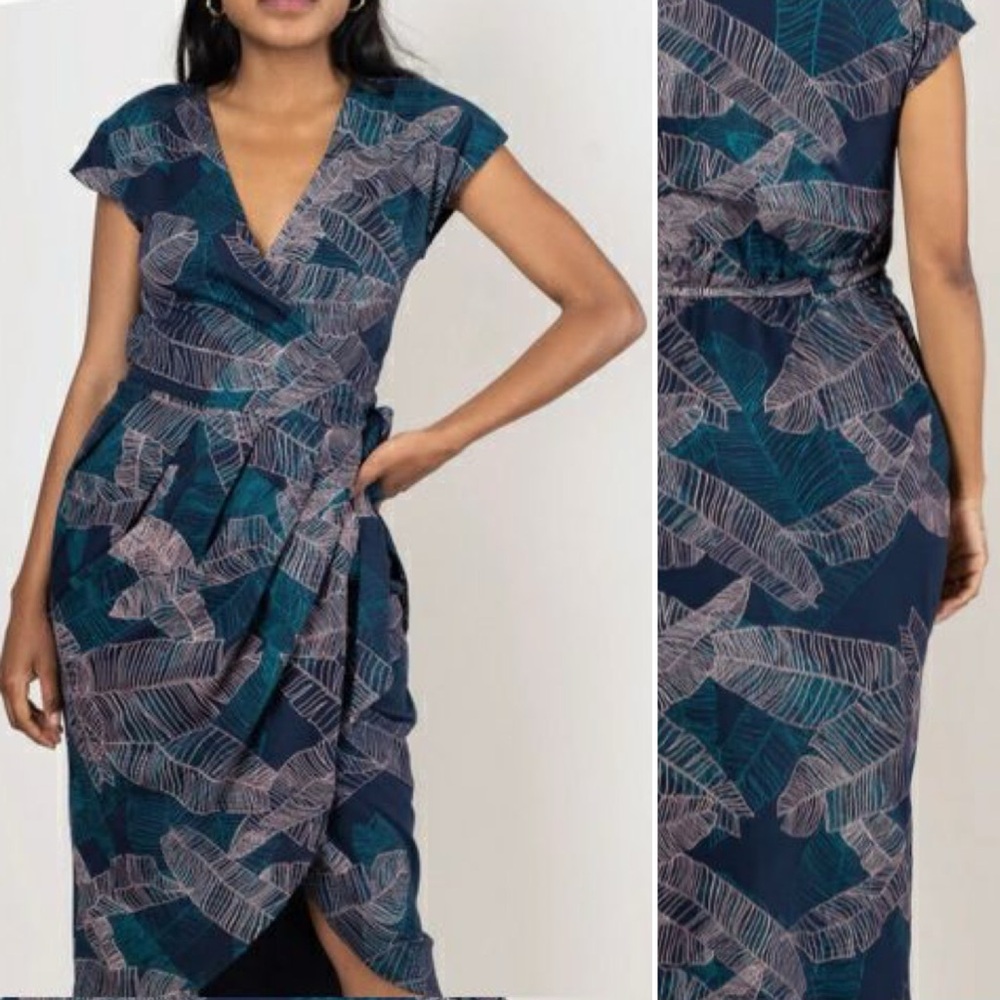 Tropical Palm Print Lotus Wrap Dress Midi